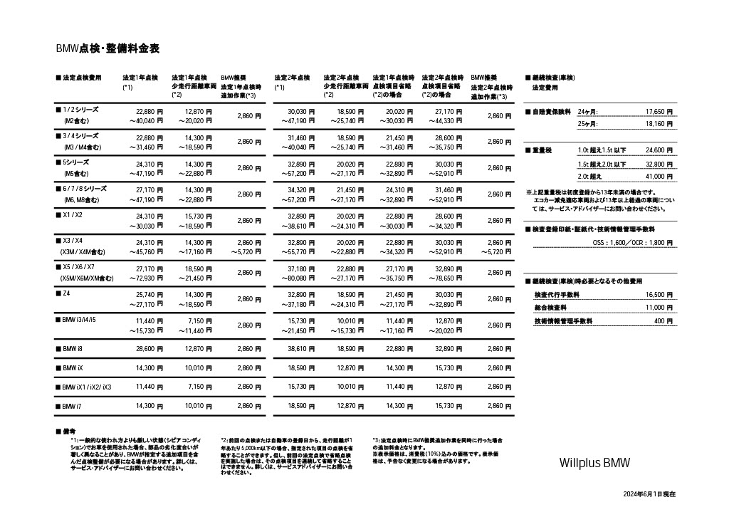 点検整備料金表